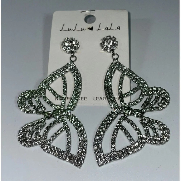 Lulu Lala Green Rhinestone Butterfly Dangle Drop Earrings Nickel Lead Free NEW‎ - Picture 1 of 1